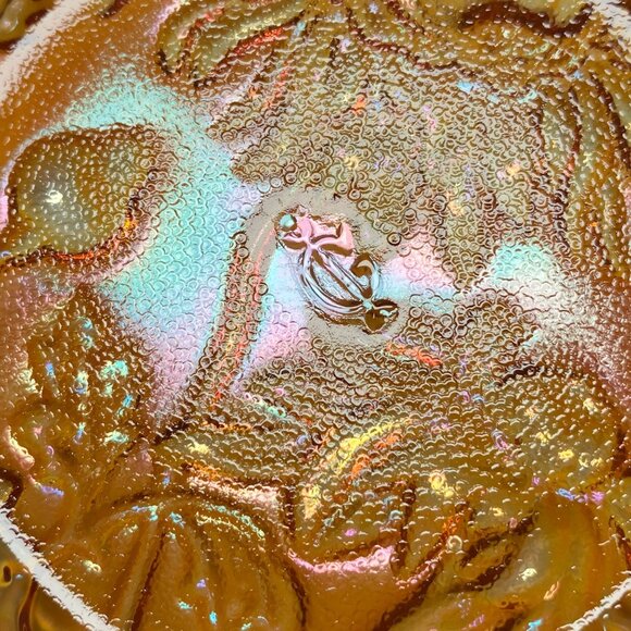 Imperial Carnival Glass Marigold Plate With Sunflower Design & Scalloped Edge - Picture 2 of 10